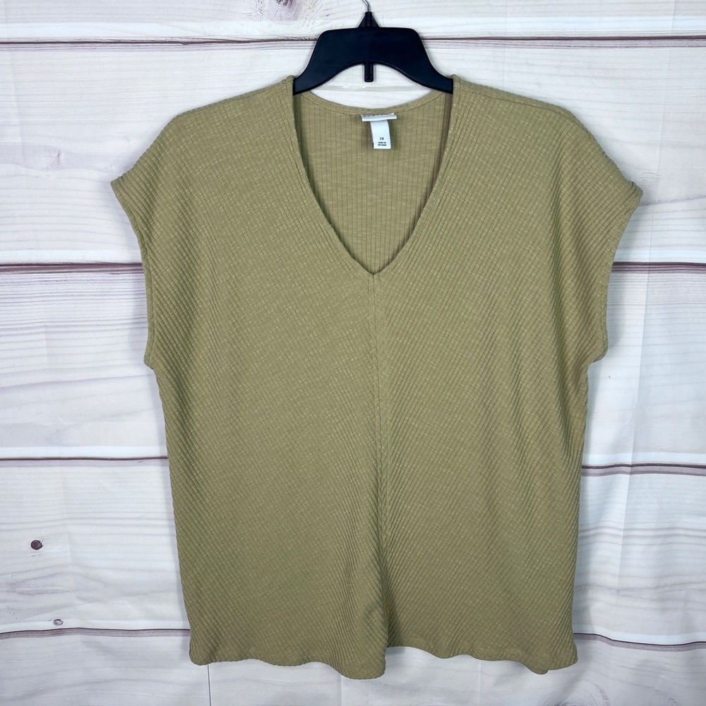 Ava & Viv Top Womens 2X Yellow Cap Sleeve Blouse Ribbed Knit V-Neck Pullover